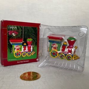 Vintage Carlton Cards Heirloom Collection Tree Ornament Ceramic Train & Bell Set